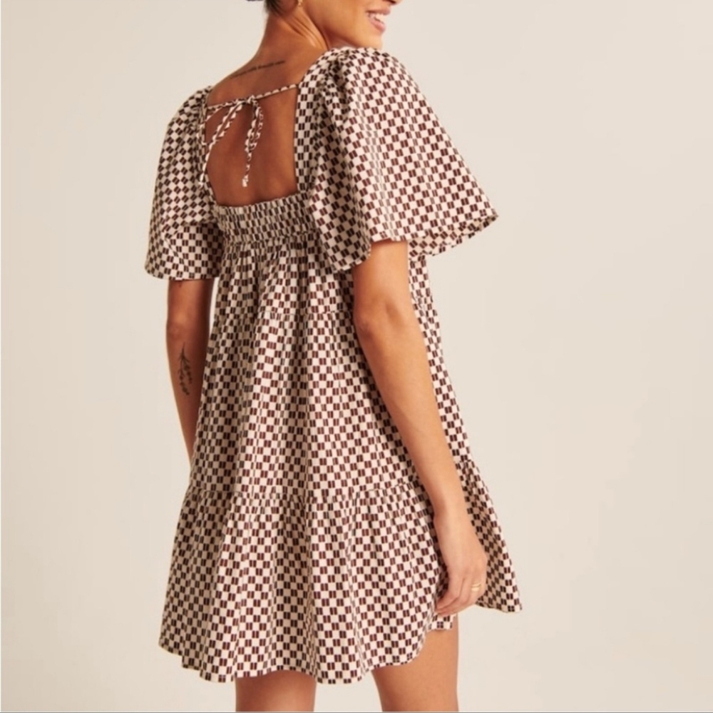 EUC Abercrombie & Fitch Angel Sleeve Trapeze Mini Dress Brown Checkered Size S - Picture 3 of 12